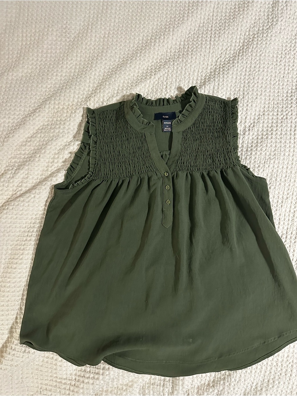 Rain- Olive Smocked Ruffle Neck Sleeveless Blouse
